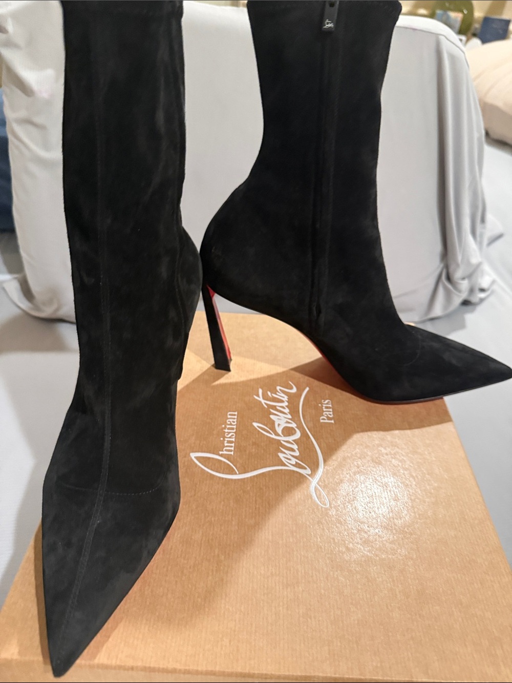 Christian Louboutin Condora Black Suede Pointed Toe Knee Boots with Red Sole